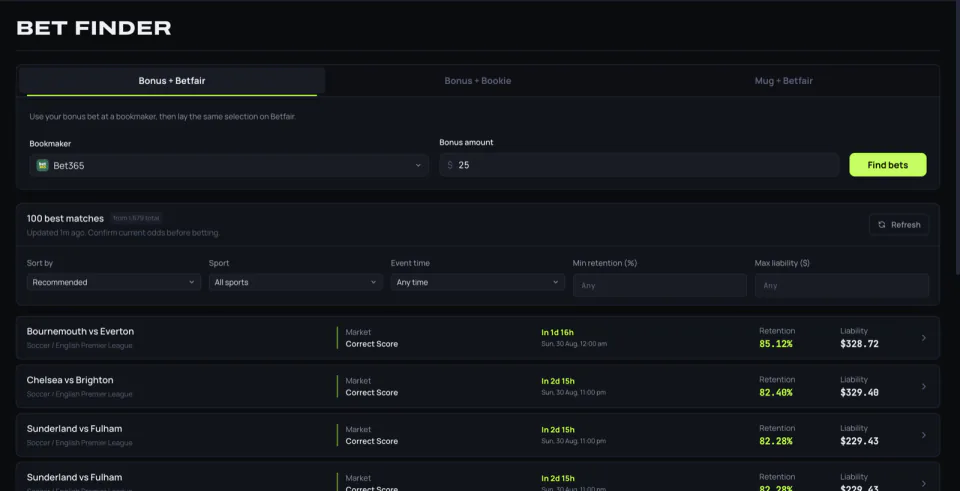 Bet finder screenshot